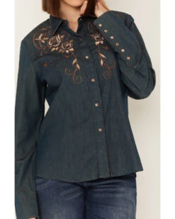 Scully Women's Rose Embroidered Denim Long Sleeve Pearl Snap Western Shirt 9 Scully Women's Rose Embroidered Denim Long Sleeve Pearl Snap Western Shirt -Country Outfitter Shop 2000243849 400 P3