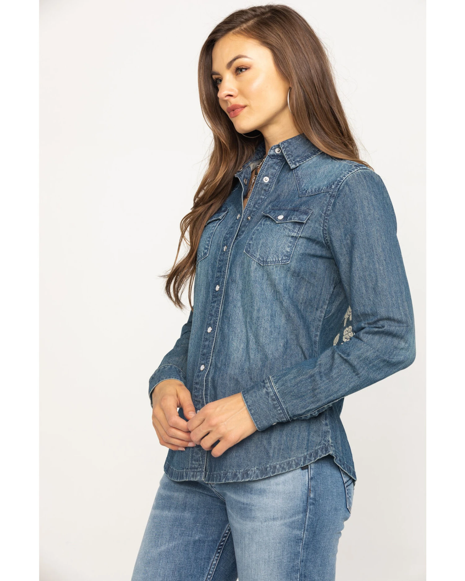 Stetson Women's Floral Embroidered Denim Long Sleeve Pearl Snap Western Shirt 5 Stetson Women's Floral Embroidered Denim Long Sleeve Pearl Snap Western Shirt - Image 3