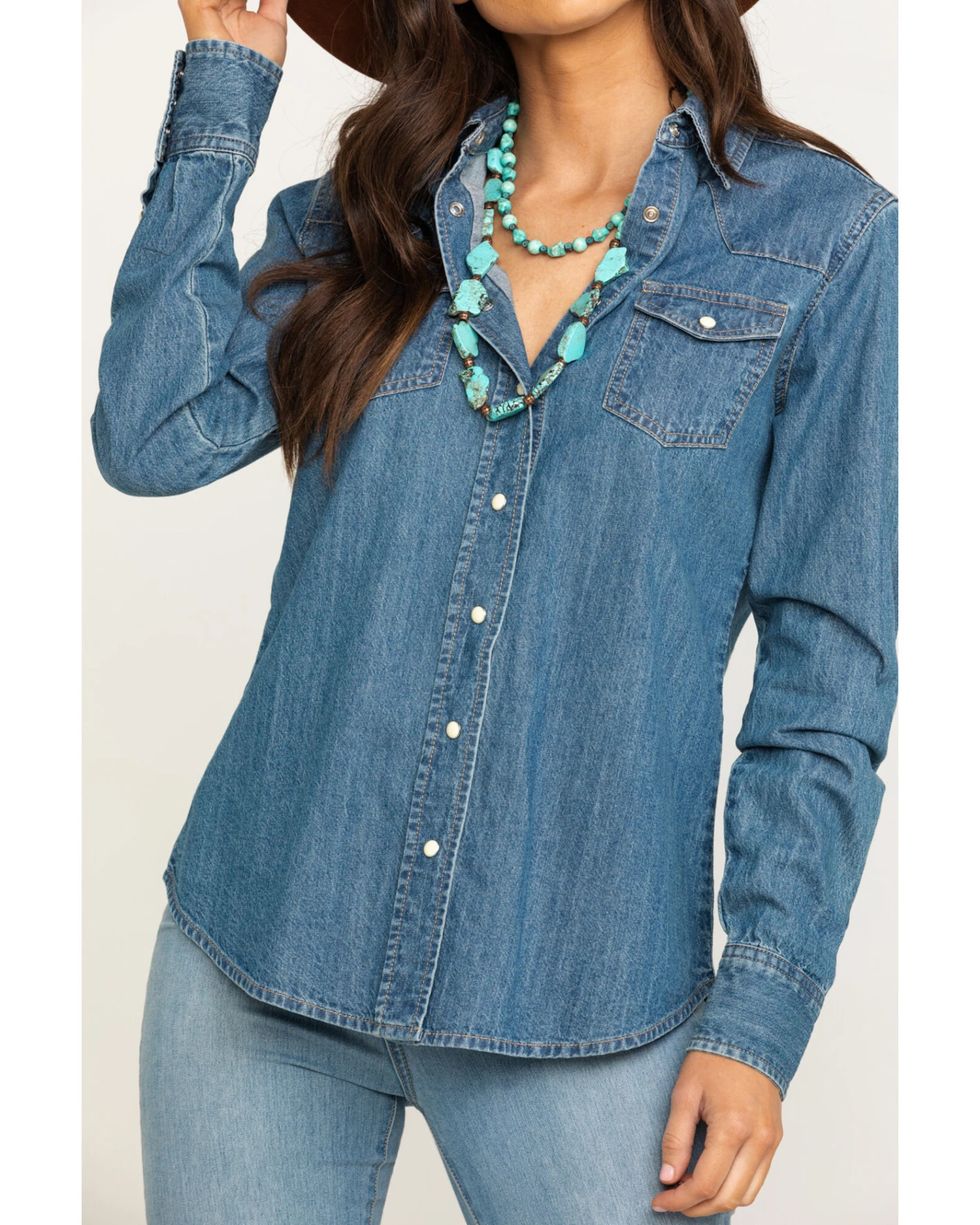 Stetson Women's Denim Desert Embroidered Long Sleeve Snap Western Shirt 3 Stetson Women's Denim Desert Embroidered Long Sleeve Snap Western Shirt