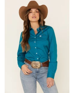 Cinch Women's Teal Solid Button Front Long Sleeve Western Shirt -Country Outfitter Shop 2000330809 442 P1
