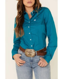 Cinch Women's Teal Solid Button Front Long Sleeve Western Shirt -Country Outfitter Shop 2000330809 442 P3