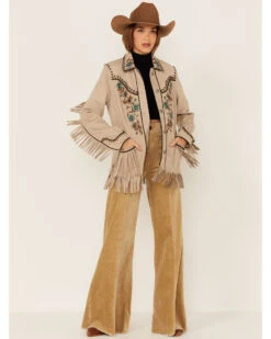 Double D Ranch Women's Floral Embroidered Studded Fringe Jacket