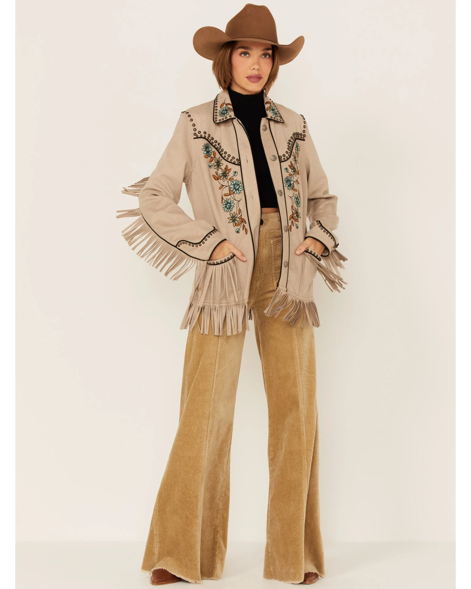 Double D Ranch Women's Floral Embroidered Studded Fringe Jacket 3 Double D Ranch Women's Floral Embroidered Studded Fringe Jacket
