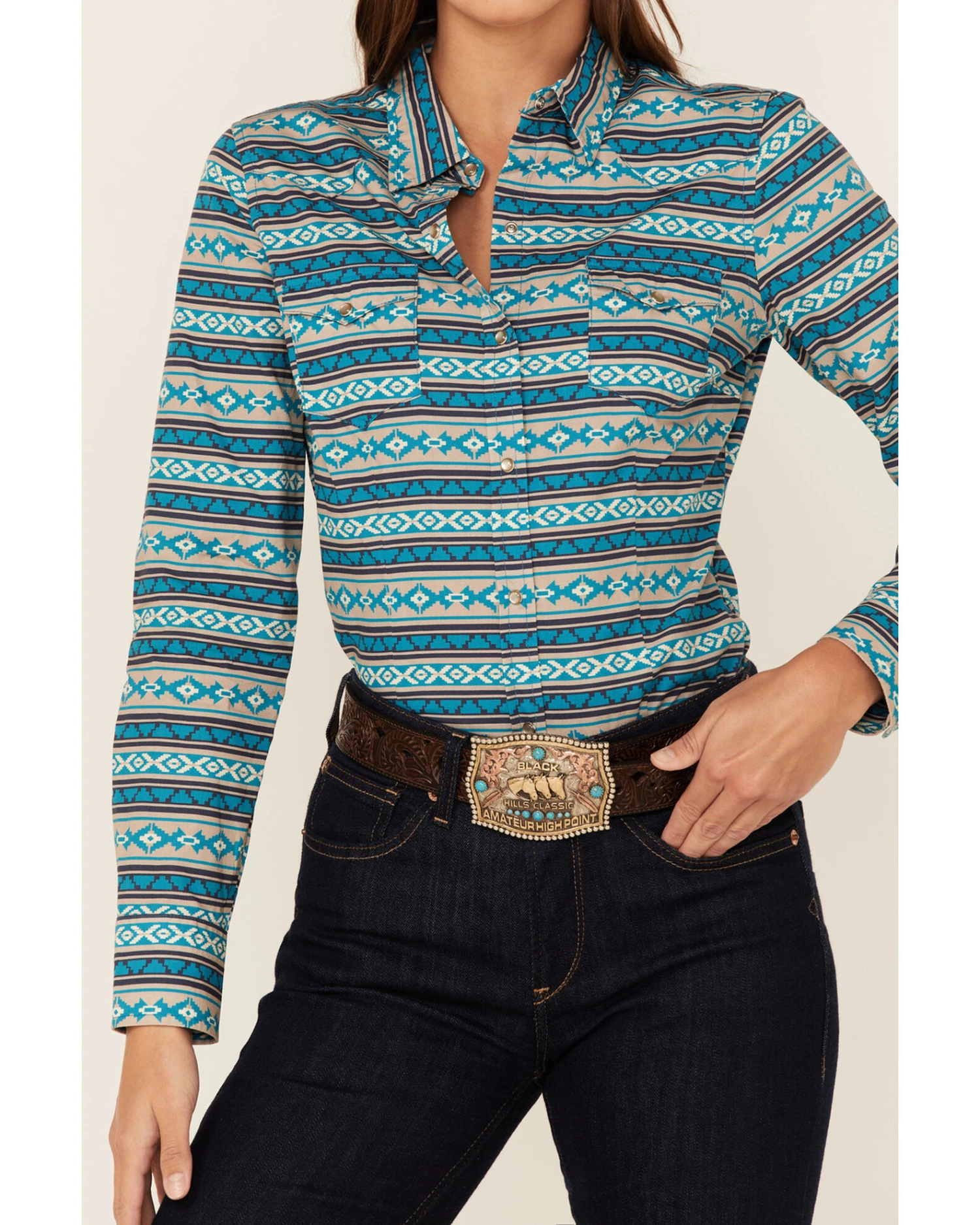 Roper Women's Teal Southwestern Stripe Snap Front Shirt 3 Roper Women's Teal Southwestern Stripe Snap Front Shirt