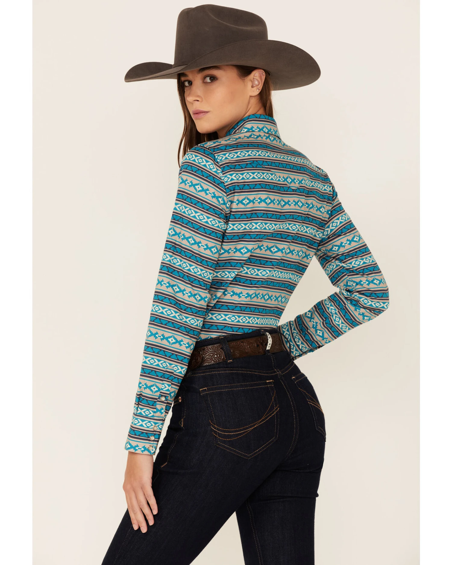 Roper Women's Teal Southwestern Stripe Snap Front Shirt 6 Roper Women's Teal Southwestern Stripe Snap Front Shirt - Image 4