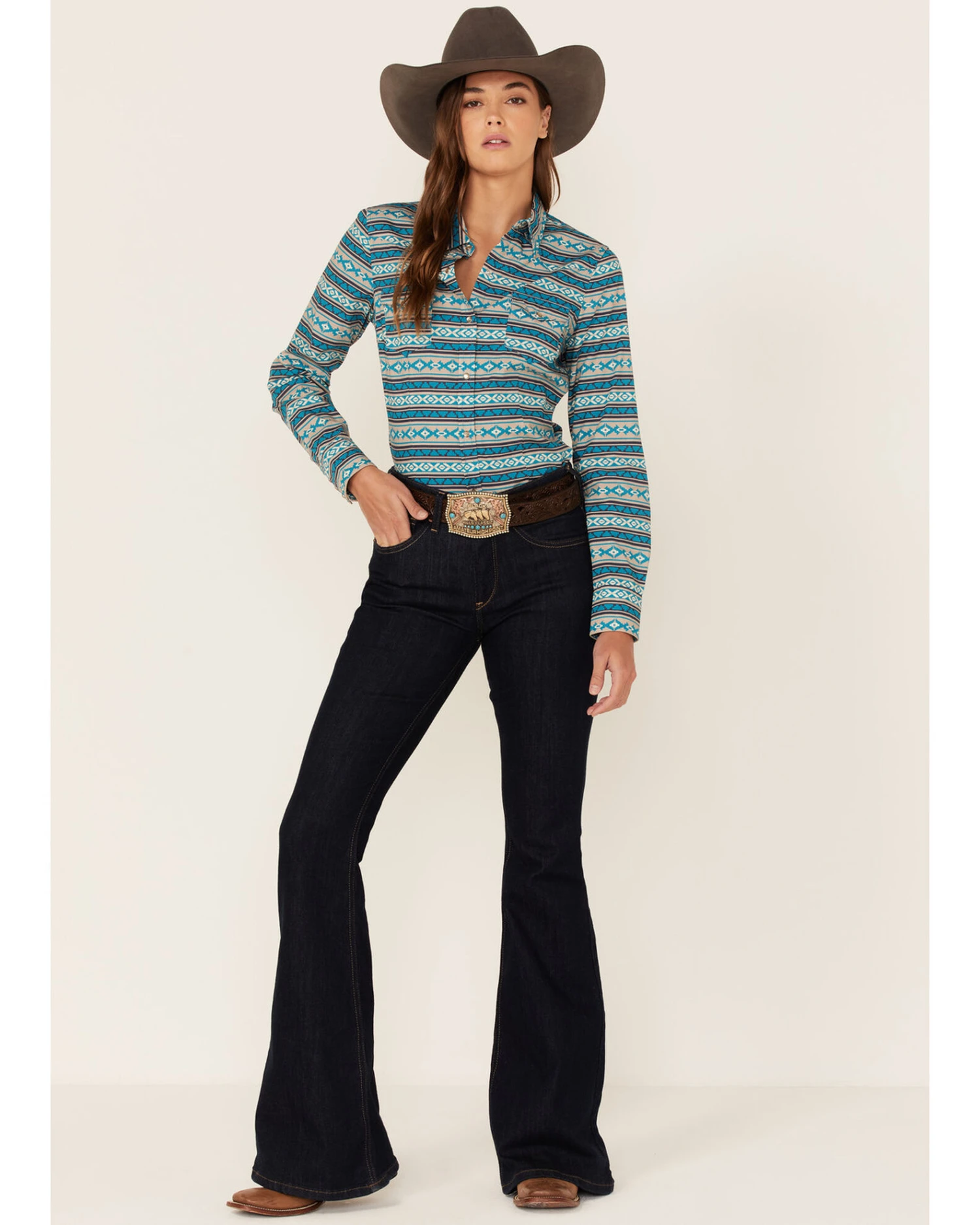 Roper Women's Teal Southwestern Stripe Snap Front Shirt 4 Roper Women's Teal Southwestern Stripe Snap Front Shirt - Image 2