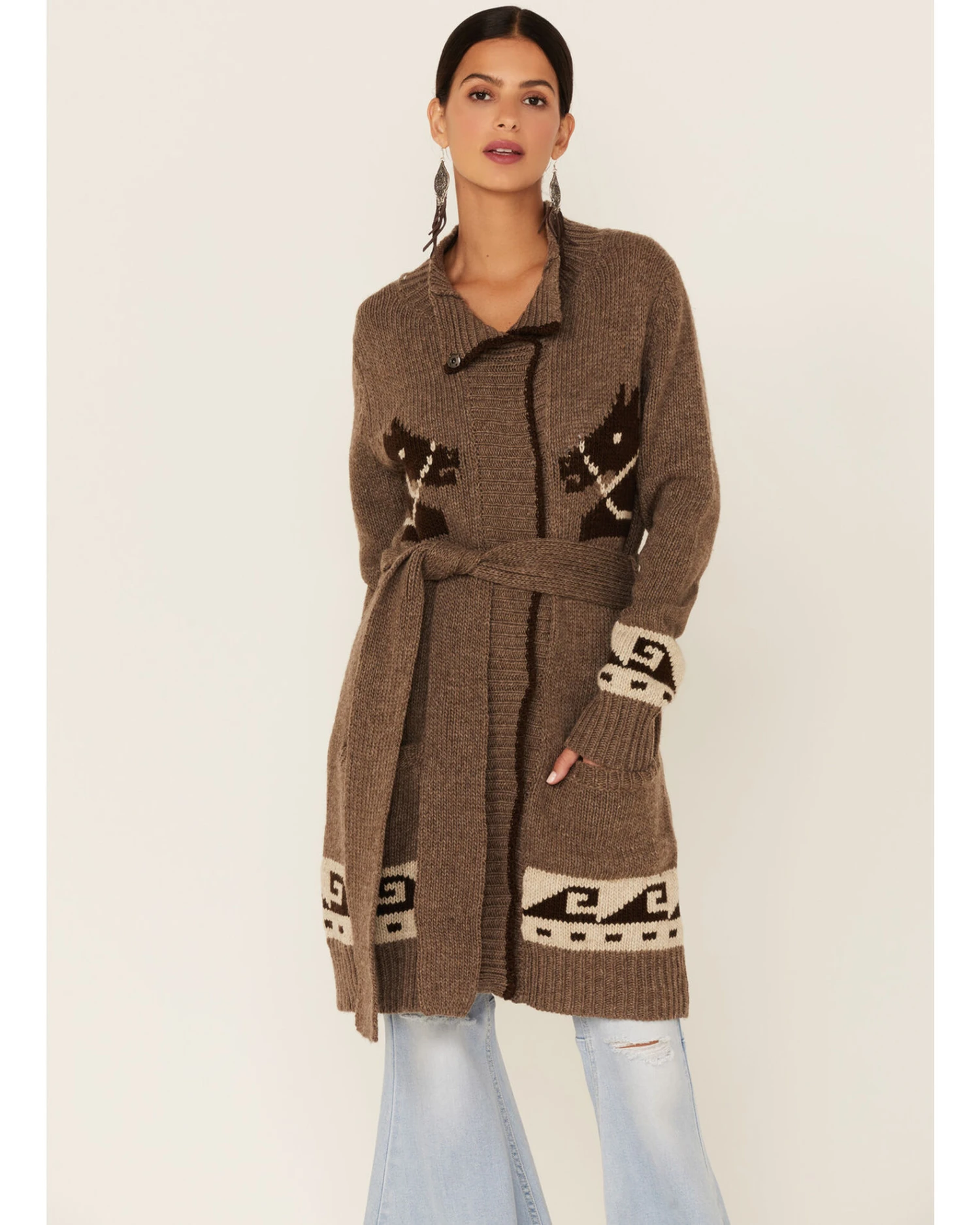 Stetson Women's Horse Motif Belted Knit Wool Blend Cardigan 5 Stetson Women's Horse Motif Belted Knit Wool Blend Cardigan - Image 3