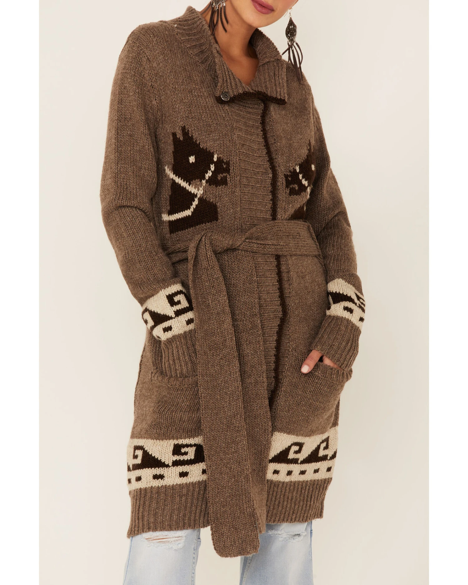 Stetson Women's Horse Motif Belted Knit Wool Blend Cardigan 3 Stetson Women's Horse Motif Belted Knit Wool Blend Cardigan