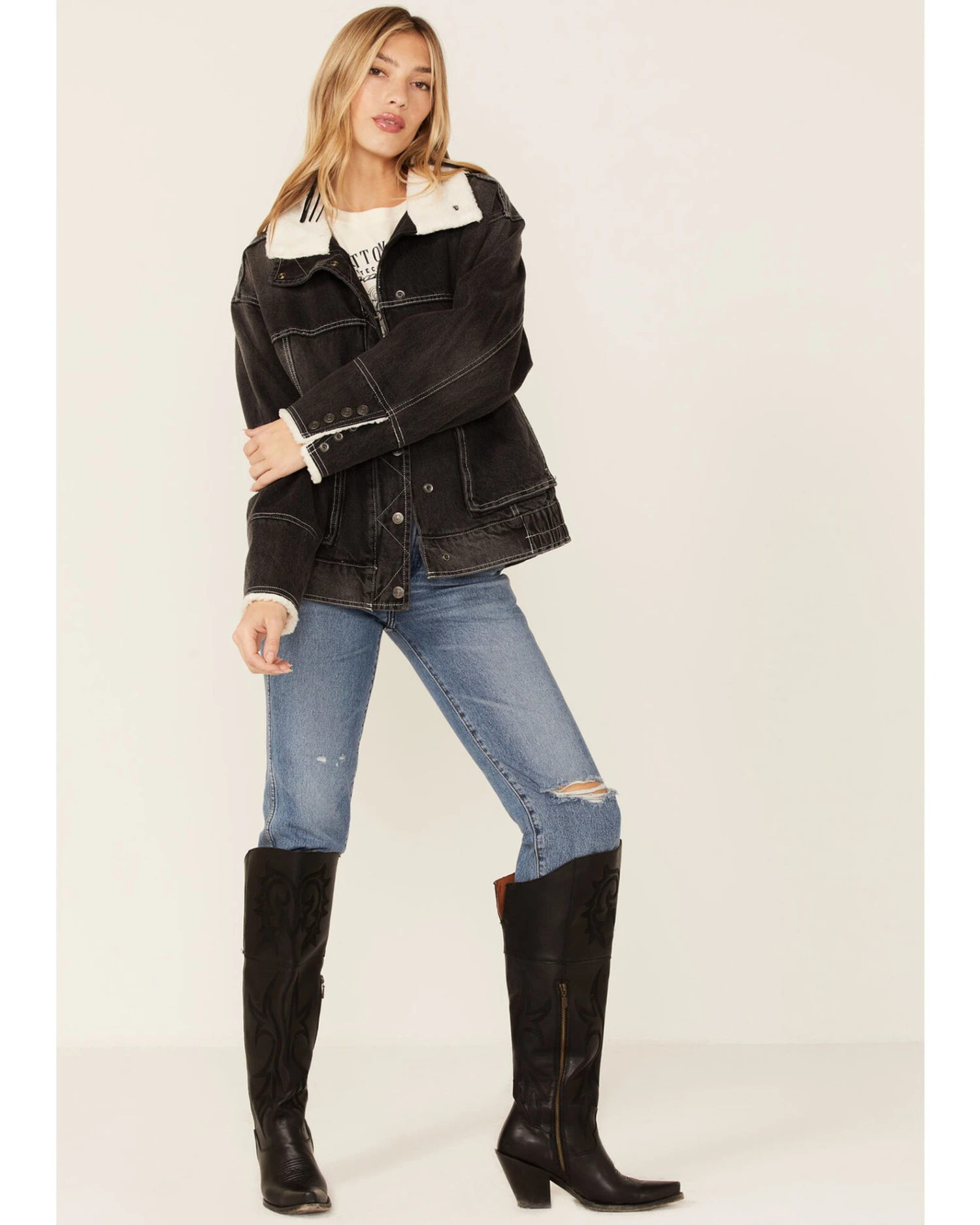 Free People Women's Ariel Cozy Denim Bomber Jacket 5 Free People Women's Ariel Cozy Denim Bomber Jacket - Image 3