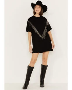 Rock & Roll Denim Women's Metal Fringe Short Sleeve Mini Dress