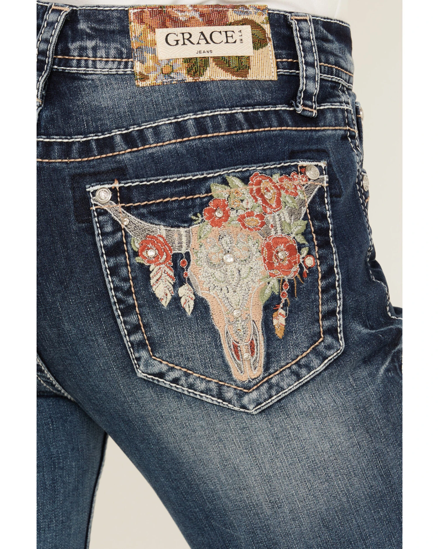 Grace In LA Women's Medium Wash Mid Rise Floral Steer Head Pocket Bootcut Jeans 4 Grace In LA Women's Medium Wash Mid Rise Floral Steer Head Pocket Bootcut Jeans - Image 2